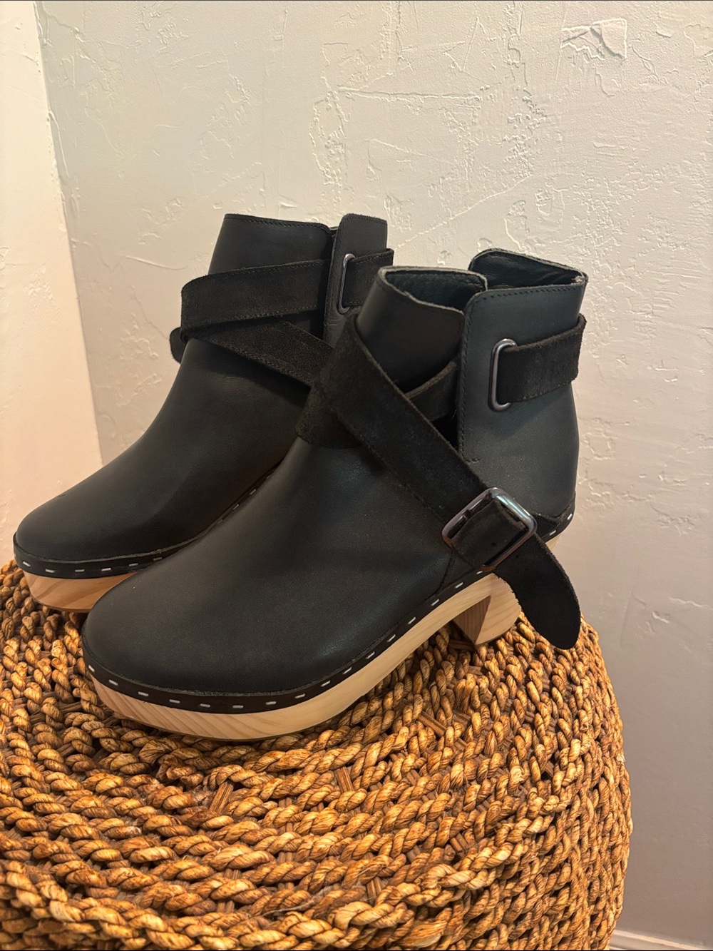 Free People Black Leather Strap Clog Booties with Wood-Look Heel